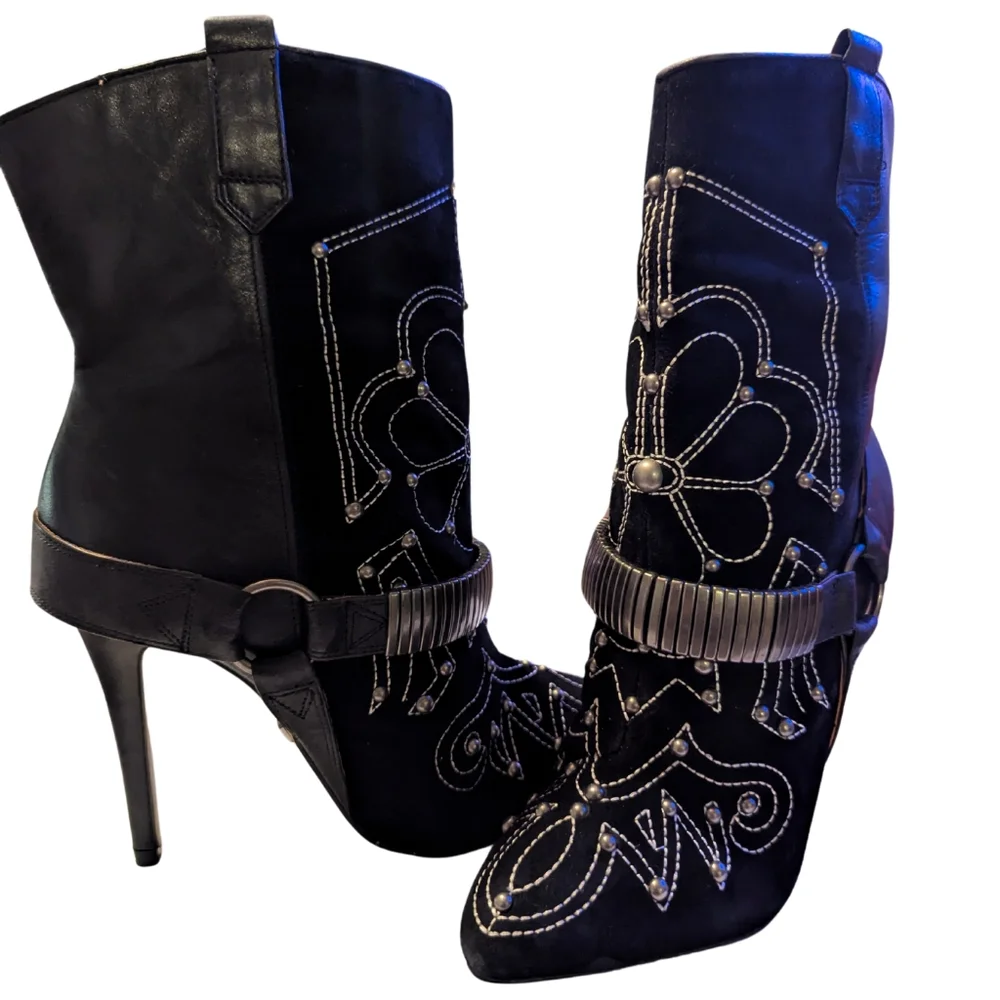 Buffalo London Womens Black Leather Suede Biker Ankle Stiletto Boots Sz 6.5/37 - Picture 1 of 9